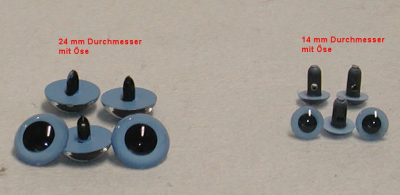 Kunststoff Bastelaugen, rund hell-blau mit Öse (14,21 mm oder 24 mm)