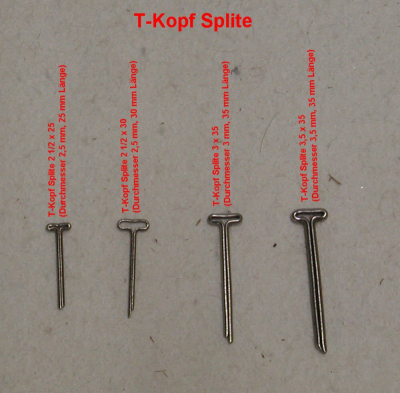 T-Kopf Splinte von 2,5 bis 4mm Durchmesser, 25 bis 40mm Länge