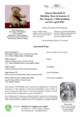 Queen Elizabeth II Celebration Bear for Her Majestys 95th birthday on 21st April 2021 34 cm Teddy Bear