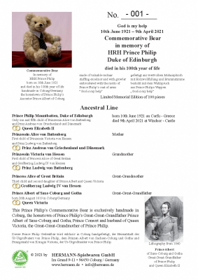 God is my help 10th June 1921 - 9th April 2021 in memory of HRH Prince Philip Duke of Edinburgh Commemorative Bear on 10th June 2021 the 100th birthday of his Royal Highness would have been 34 cm Teddy Bear by Hermann-Coburg