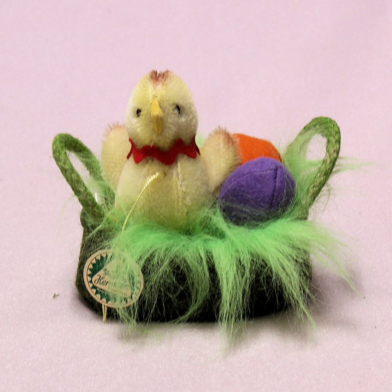 Anni - miniature mohair baby chicken in a basket 8 cm Teddy Bear by Hermann-Coburg